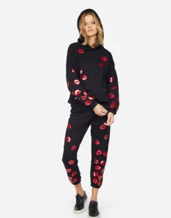 Outlet Alana Red Foil Scattered Lips Women Crop Sweatpants