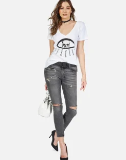 Hot Bone Skull Bone Eye S/S V-Neck Tee | Cruz By Women Short Sleeve