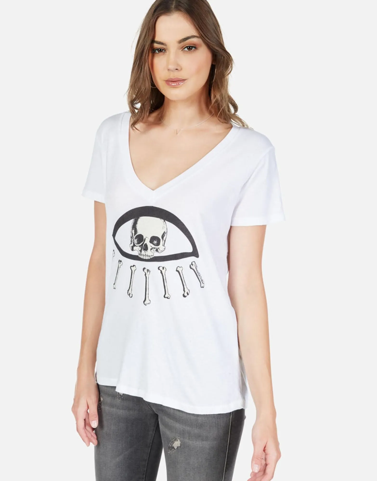 Hot Bone Skull Bone Eye S/S V-Neck Tee | Cruz By Women Short Sleeve