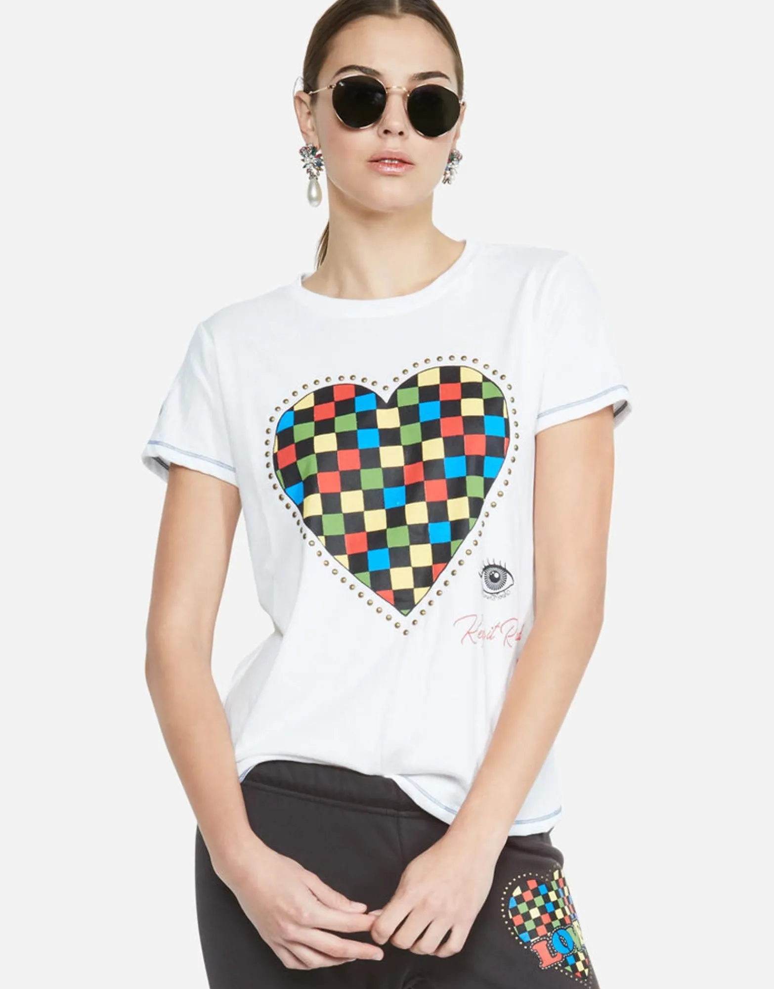 Flash Sale Color Checkered Heart S/S Tee W/ Studs | Aviana By Women Short Sleeve