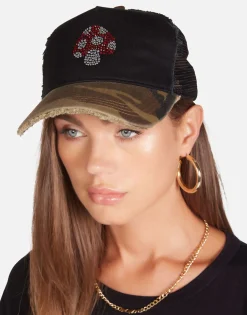 Hot Crystal Mushroom Trucker Hat In Black/Camo | Jilly By Hats