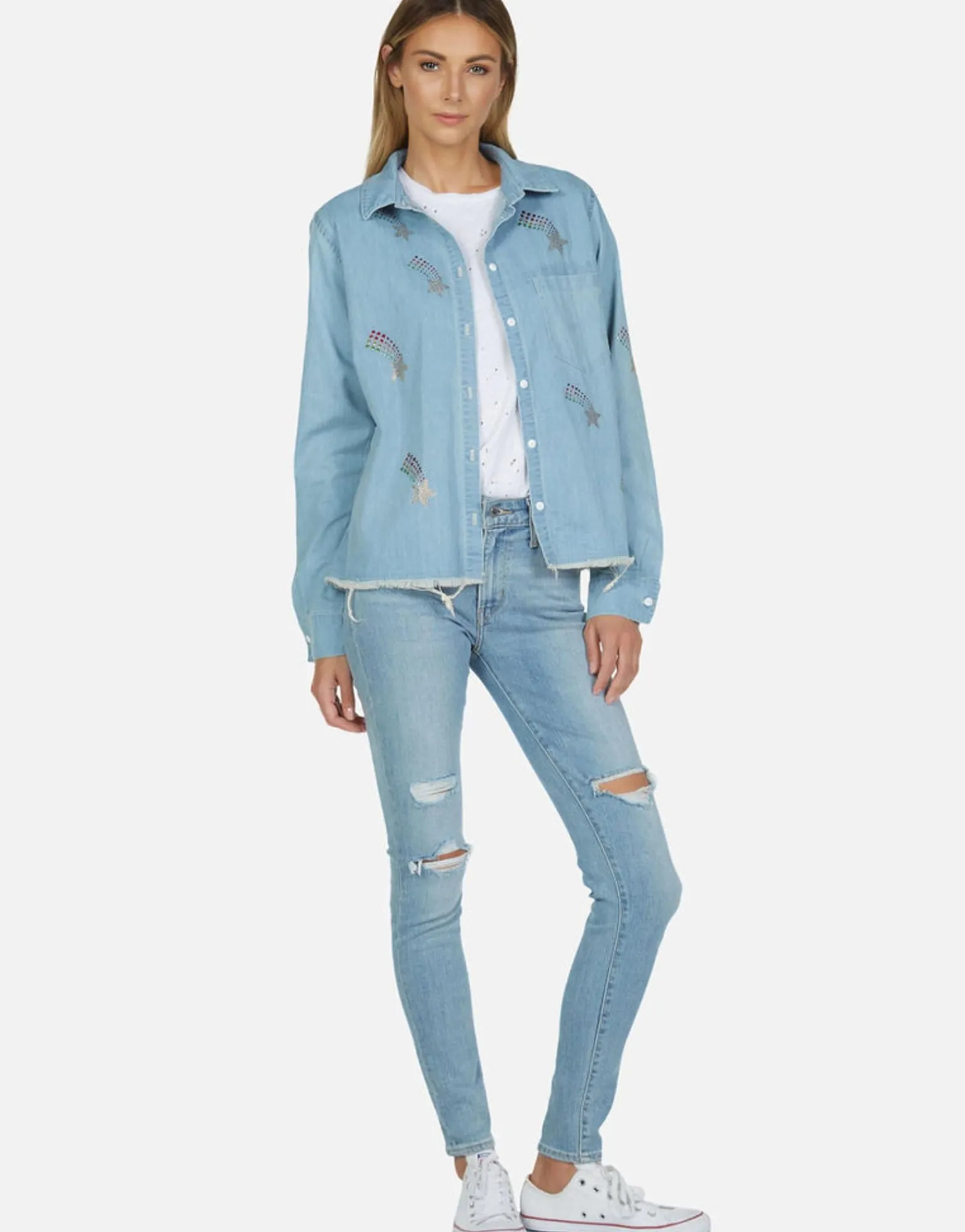 Best Sale Crystal Shooting Stars L/S Denim Shirt | Sloane By Women Long Sleeve