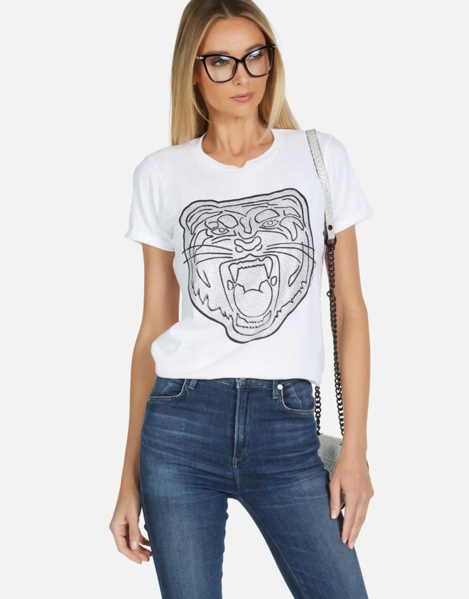 Clearance Edda Crystal Tiger Head Women Short Sleeve