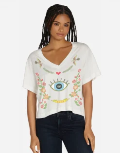 Fashion Floral Eye Love Crop Boxy V-Neck Tee In | Lottie By Women Short Sleeve