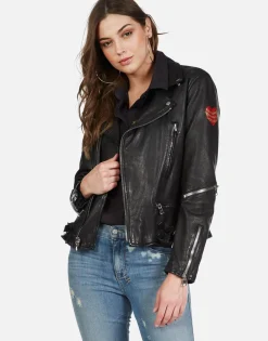 Hot Gold Foil Chain Lip Leather Moto Jacket | Posey By Women Long Sleeve
