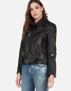 Hot Gold Foil Chain Lip Leather Moto Jacket | Posey By Women Long Sleeve