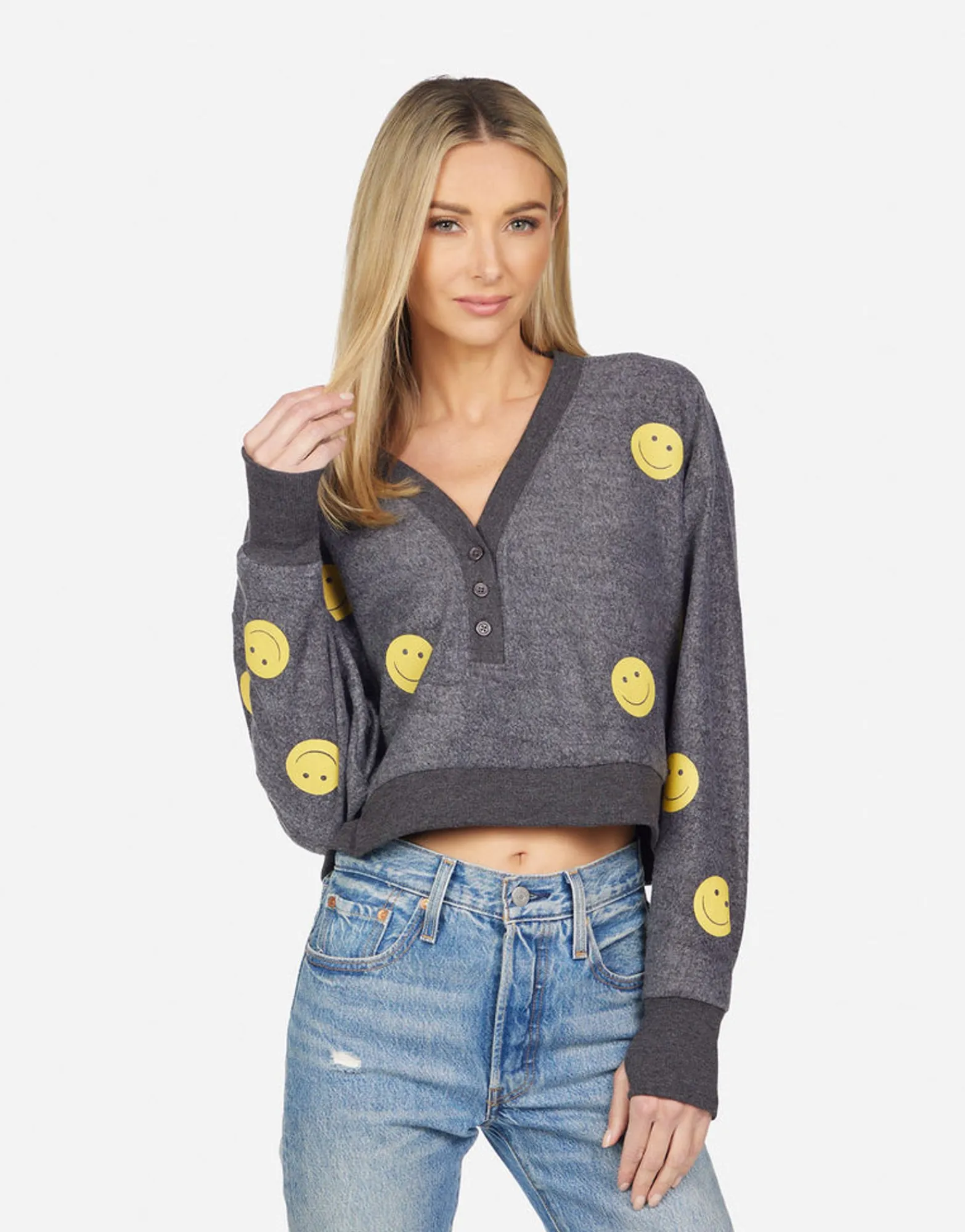 Shop Kathryn All Over Yellow Smiley Women Long Sleeve