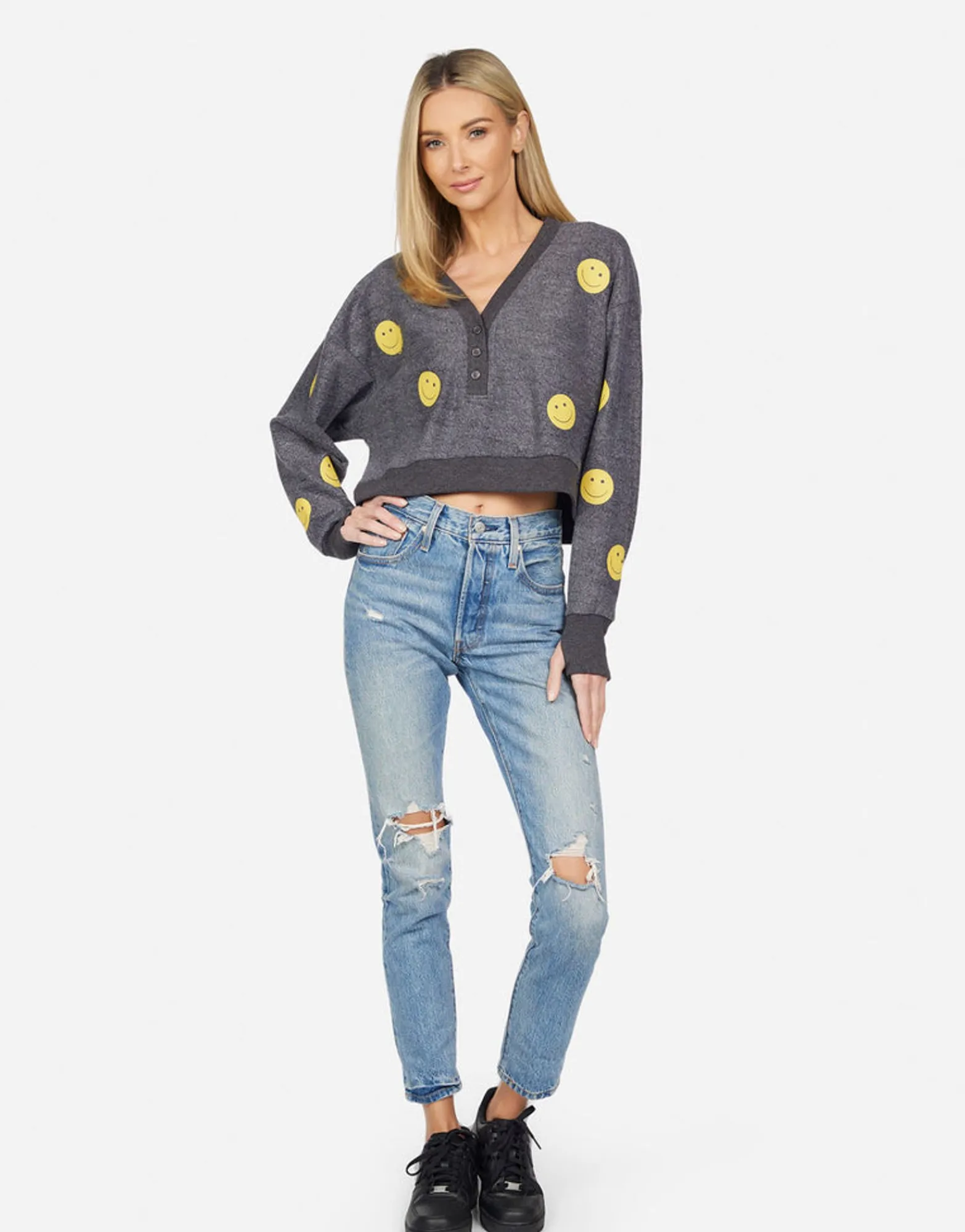 Shop Kathryn All Over Yellow Smiley Women Long Sleeve