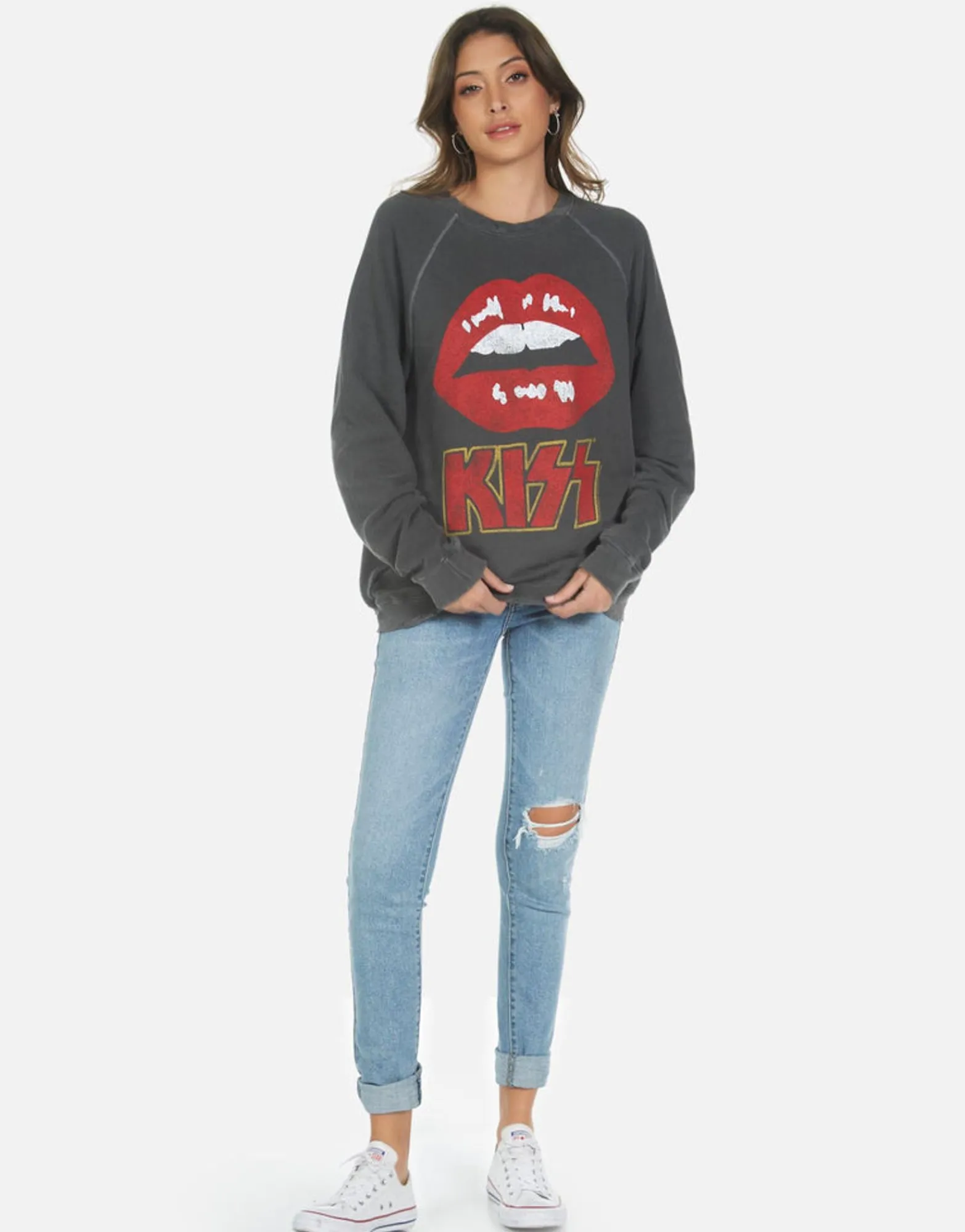 Fashion Kiss Lip Rock N Roll Boyfriend Pullover Top | Anela By Women Long Sleeve