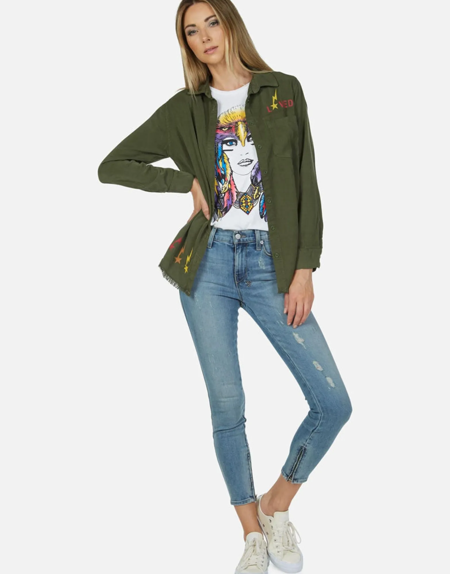 Sale Lady Rainbow Eagle Button Up Denim Shirt | Sloane By Women Long Sleeve