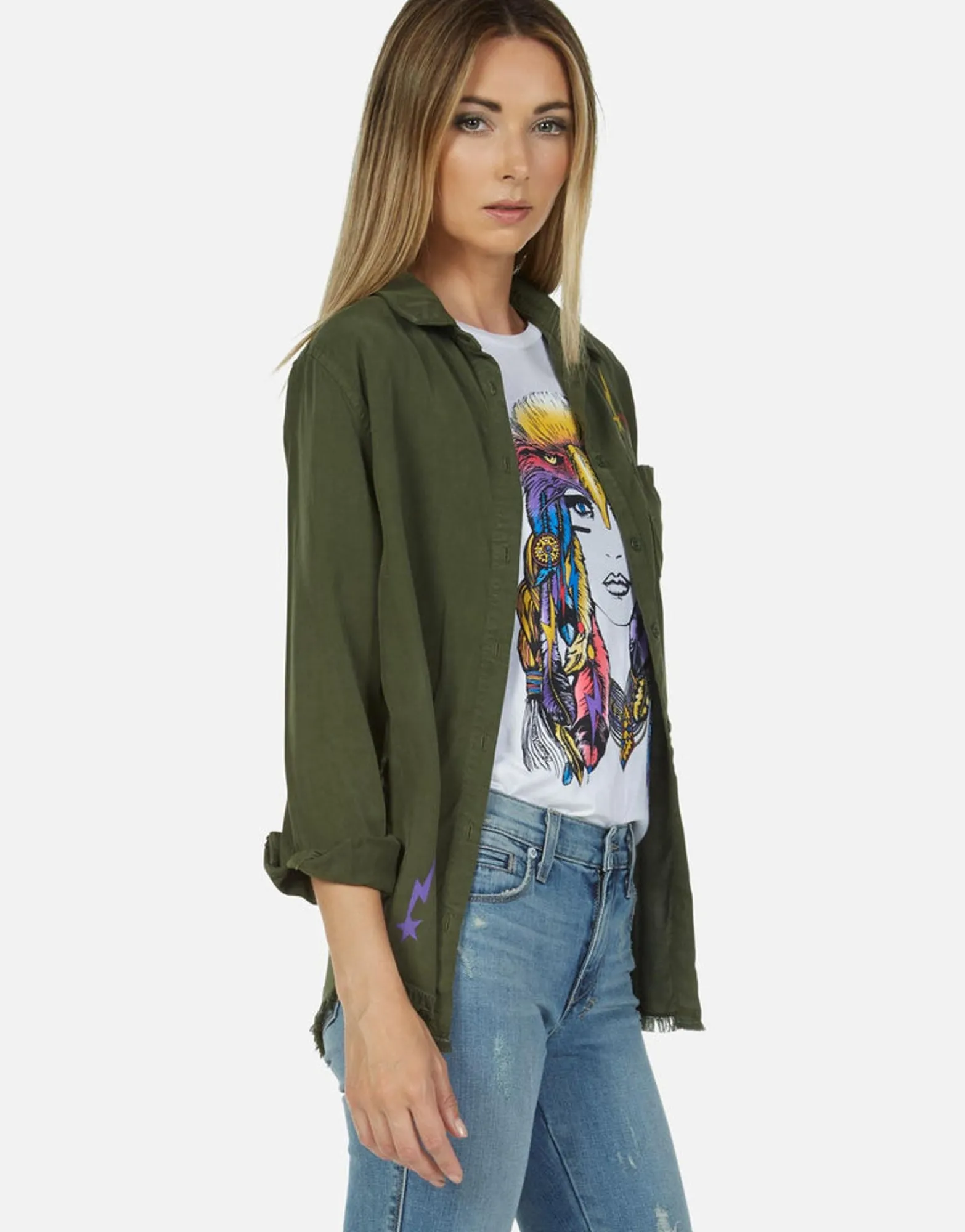 Sale Lady Rainbow Eagle Button Up Denim Shirt | Sloane By Women Long Sleeve