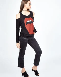 Hot Analise Red Tongue L/S Open Shoulder Pullover Top Women Long Sleeve
