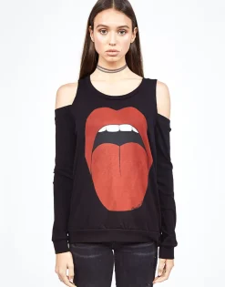 Hot Analise Red Tongue L/S Open Shoulder Pullover Top Women Long Sleeve