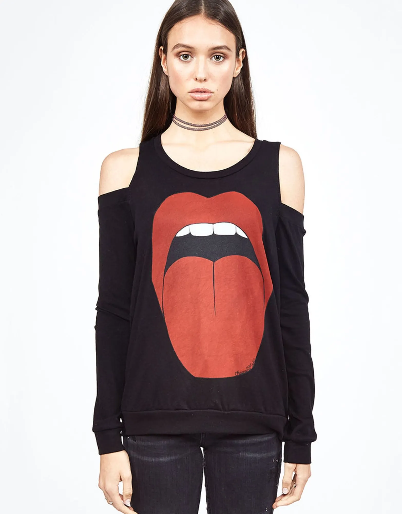 Hot Analise Red Tongue L/S Open Shoulder Pullover Top Women Long Sleeve