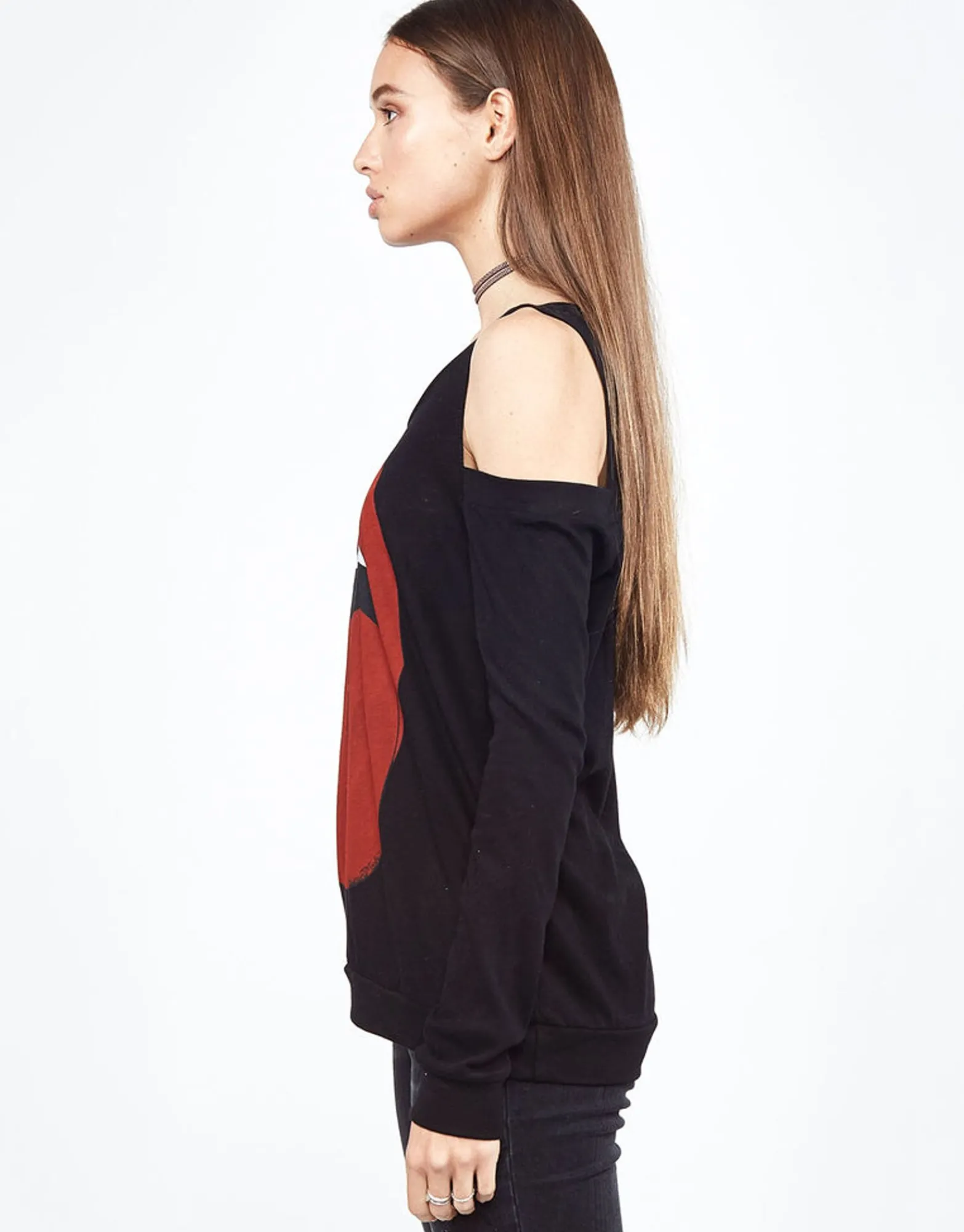 Hot Analise Red Tongue L/S Open Shoulder Pullover Top Women Long Sleeve
