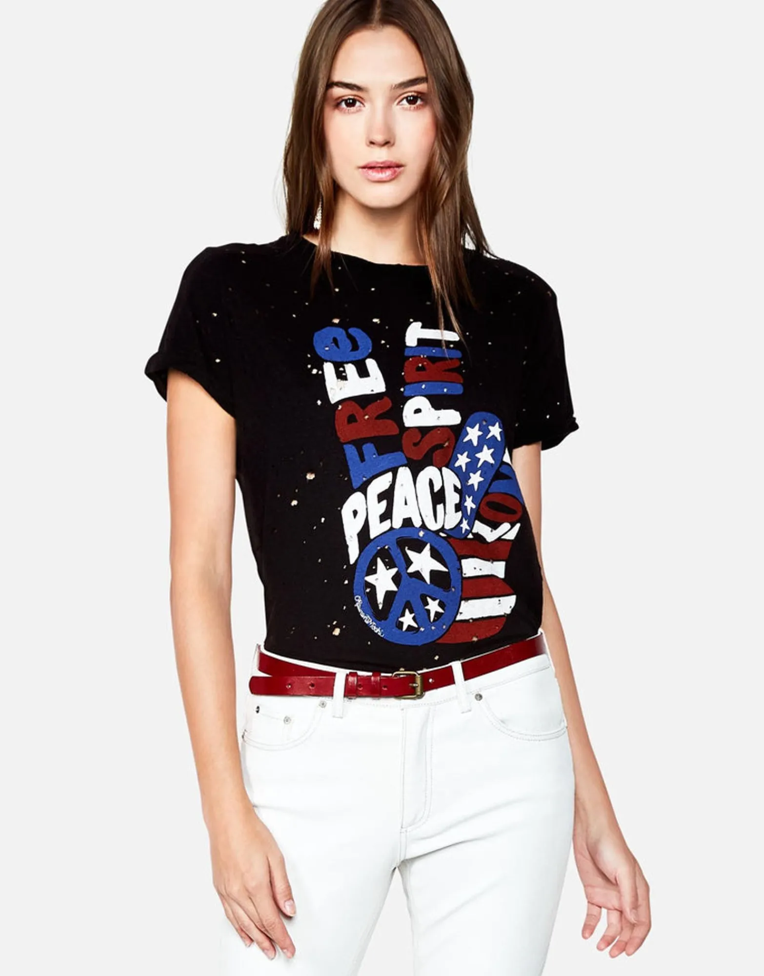 Sale Bess Free Spirit Peace Roll Up Slv Vintage Tee Women Short Sleeve