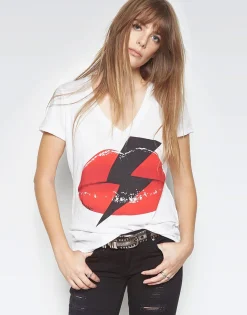 Hot Niya Lightning Bolt Lip S/S V-Neck Tee W/ Side Slits Women Short Sleeve
