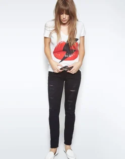 Hot Niya Lightning Bolt Lip S/S V-Neck Tee W/ Side Slits Women Short Sleeve