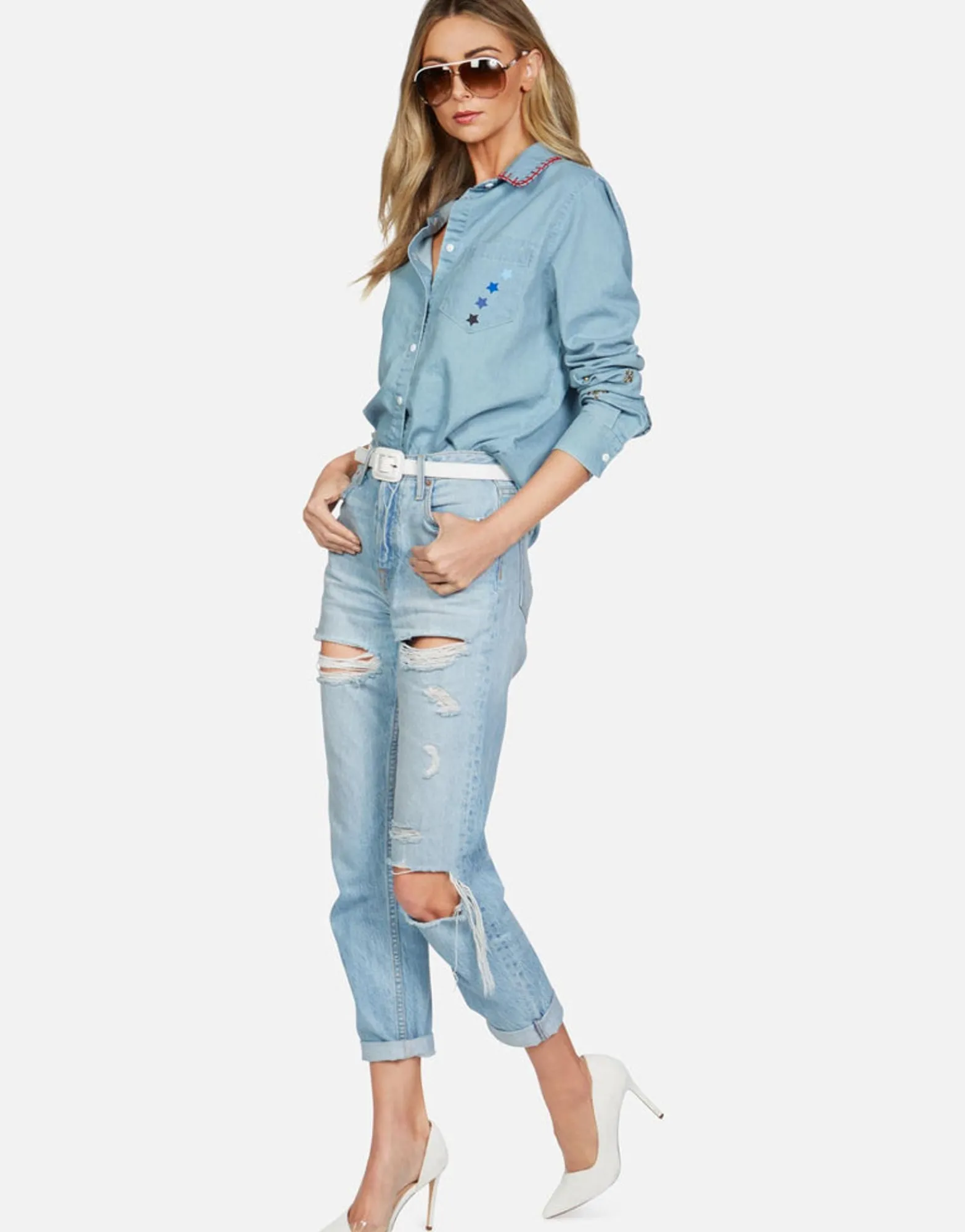 New Sloane Love You Forevers L/S Button Up Denim Shirt Women Long Sleeve