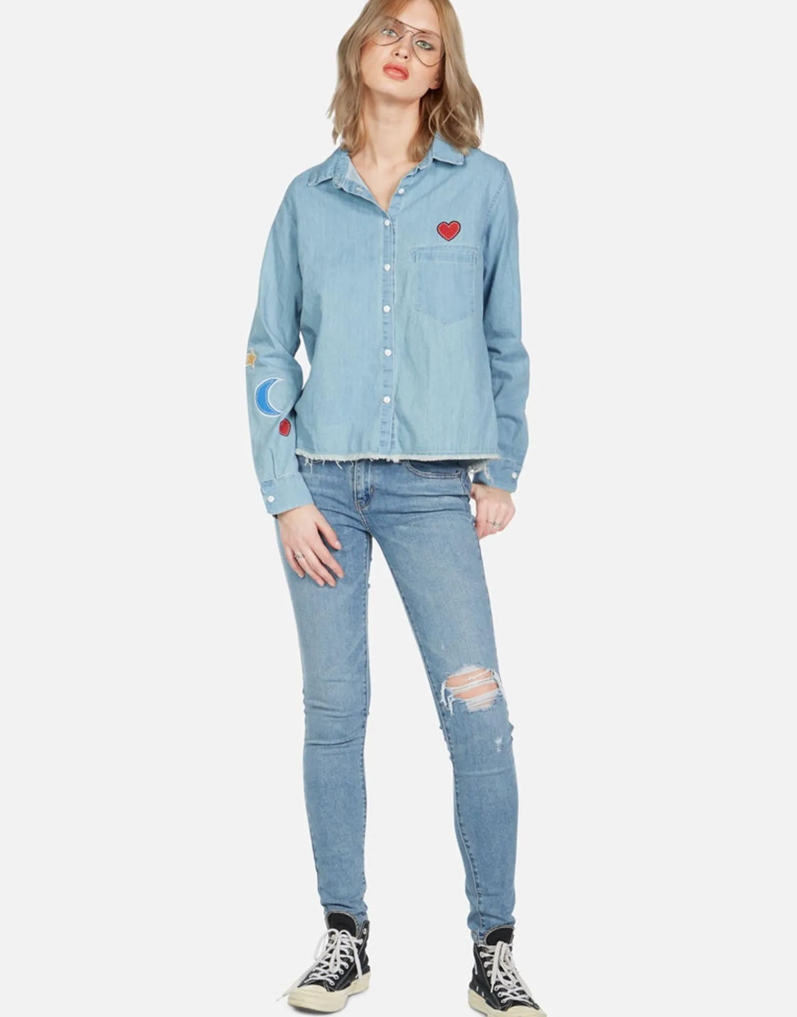 Store Sloane Love You Forevers L/S Button Up Denim Shirt Women Long Sleeve