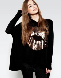 Store Wilma Rose Gold Foil Lip Oversized Pullover W/ Hood Women Hoodies