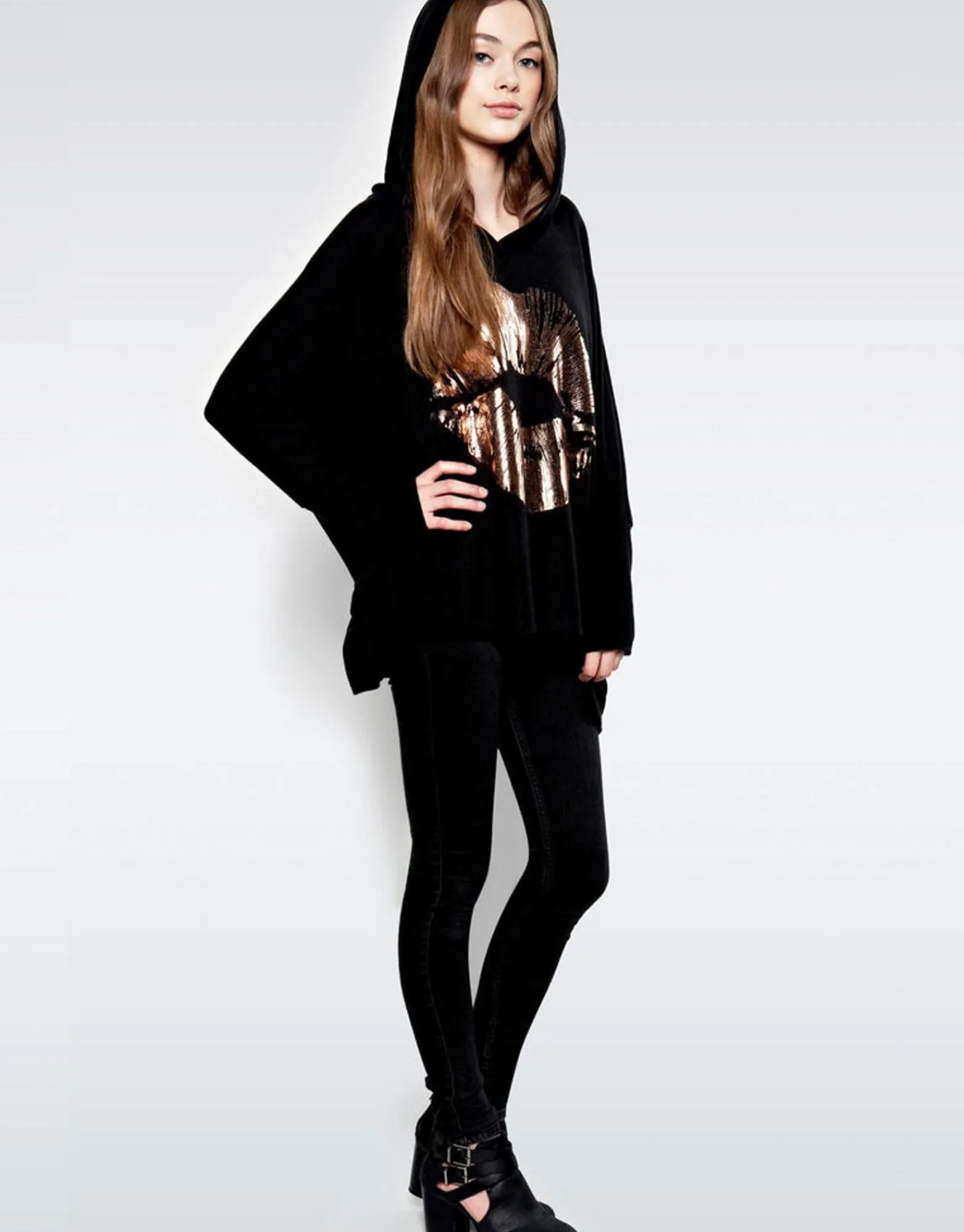 Store Wilma Rose Gold Foil Lip Oversized Pullover W/ Hood Women Hoodies