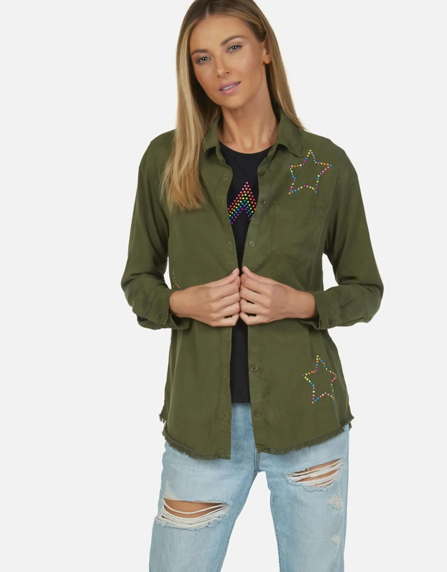 Flash Sale Neon Stud Star Button Up Denim Shirt | Sloane By Women Long Sleeve