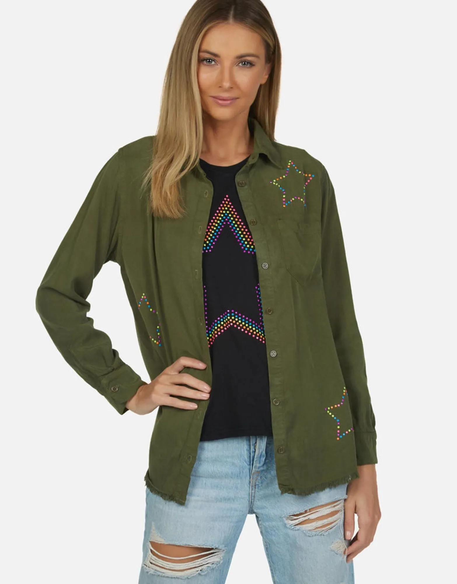 Flash Sale Neon Stud Star Button Up Denim Shirt | Sloane By Women Long Sleeve