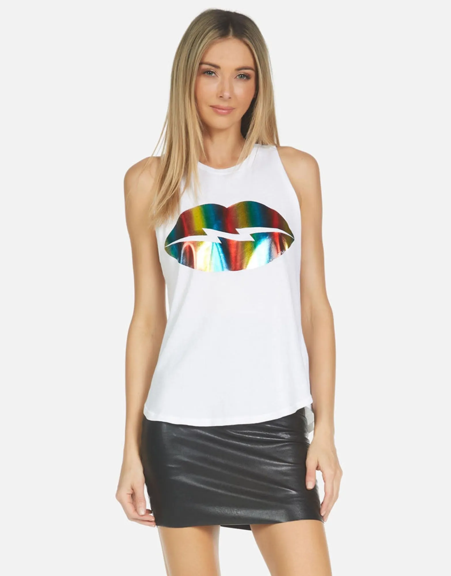 Flash Sale Peyton Rainbow Foil Lightning Lip Women Tanks