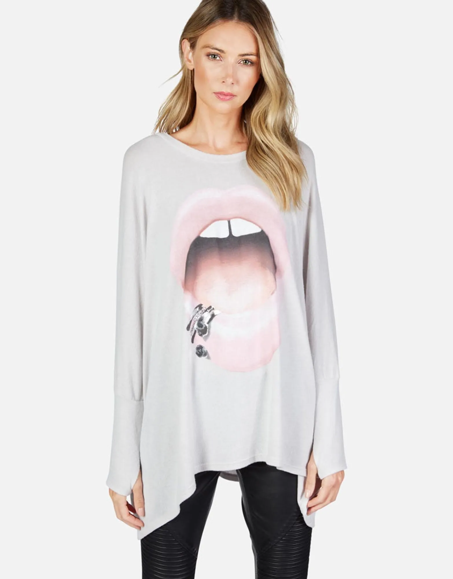 Flash Sale Pink Lip Piercing Oversized L/S Pullover | Mira X By Women Long Sleeve