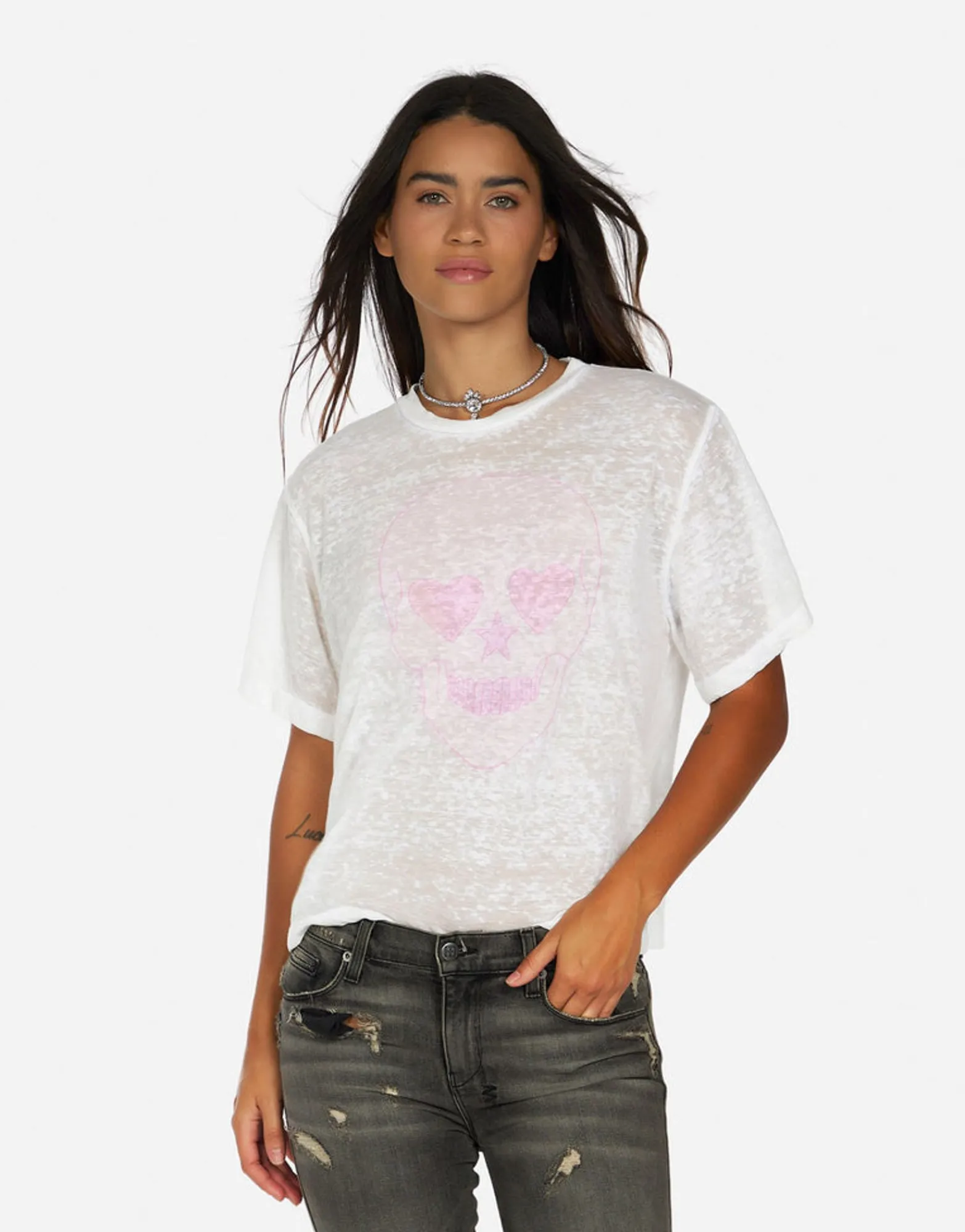 Cheap Pink Peace Love Skull Boyfriend T-Shirt | Linnea By Women Short Sleeve
