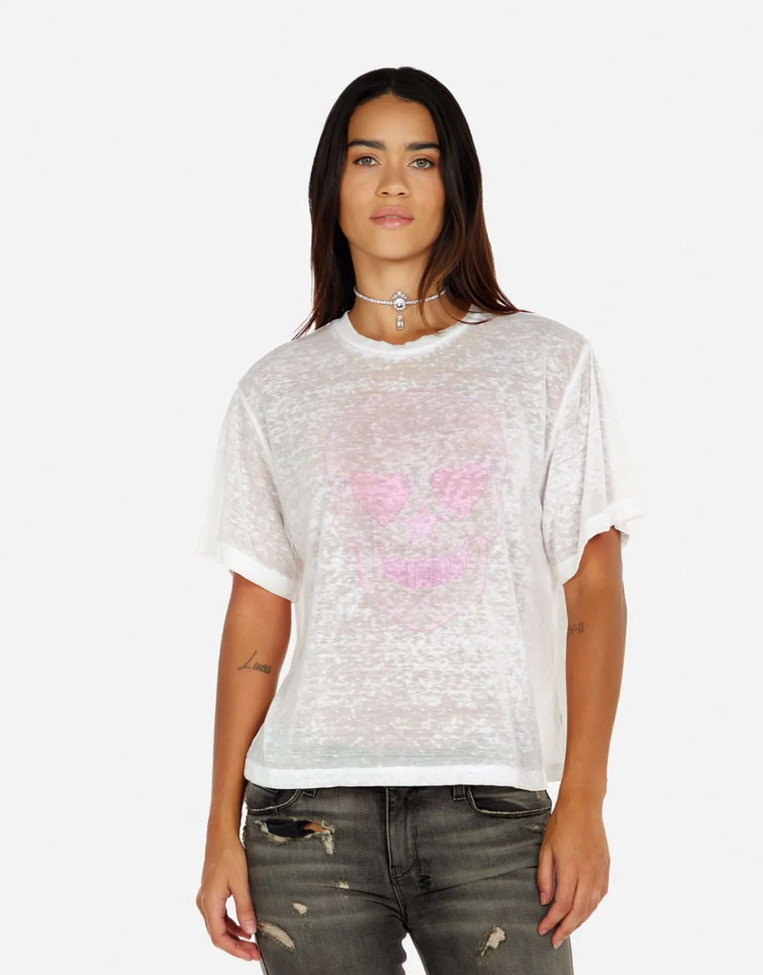 Cheap Pink Peace Love Skull Boyfriend T-Shirt | Linnea By Women Short Sleeve