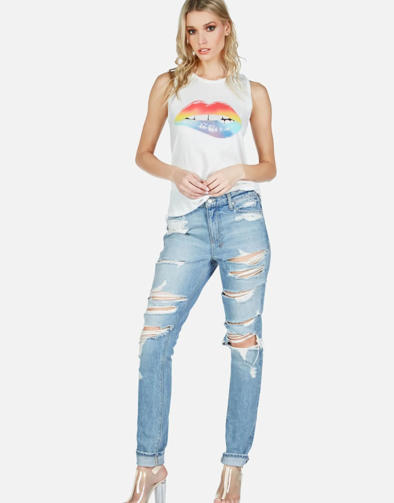 Discount Rainbow Biting Lip High Neck Tank | Peyton By Women Short Sleeve