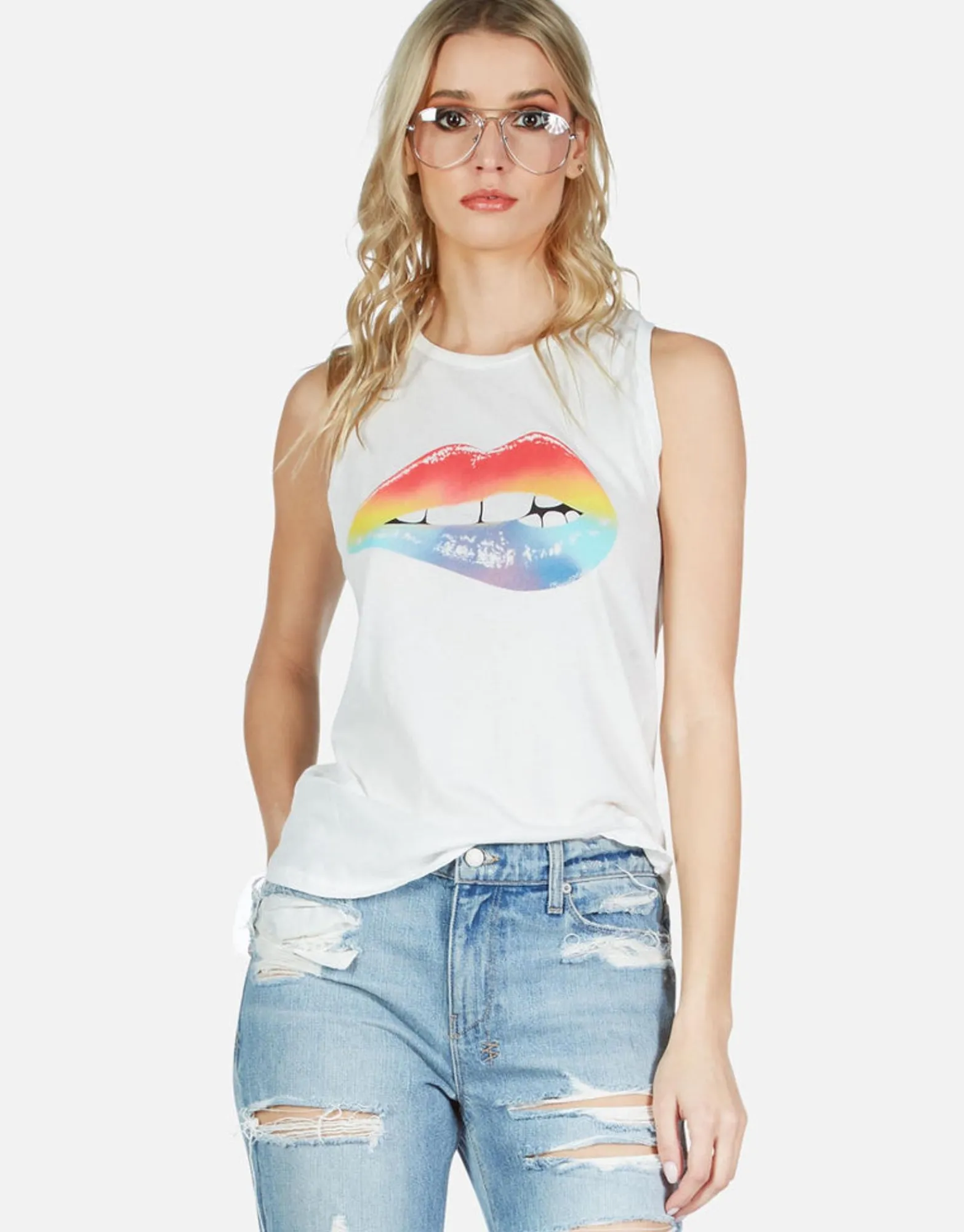 Discount Rainbow Biting Lip High Neck Tank | Peyton By Women Short Sleeve