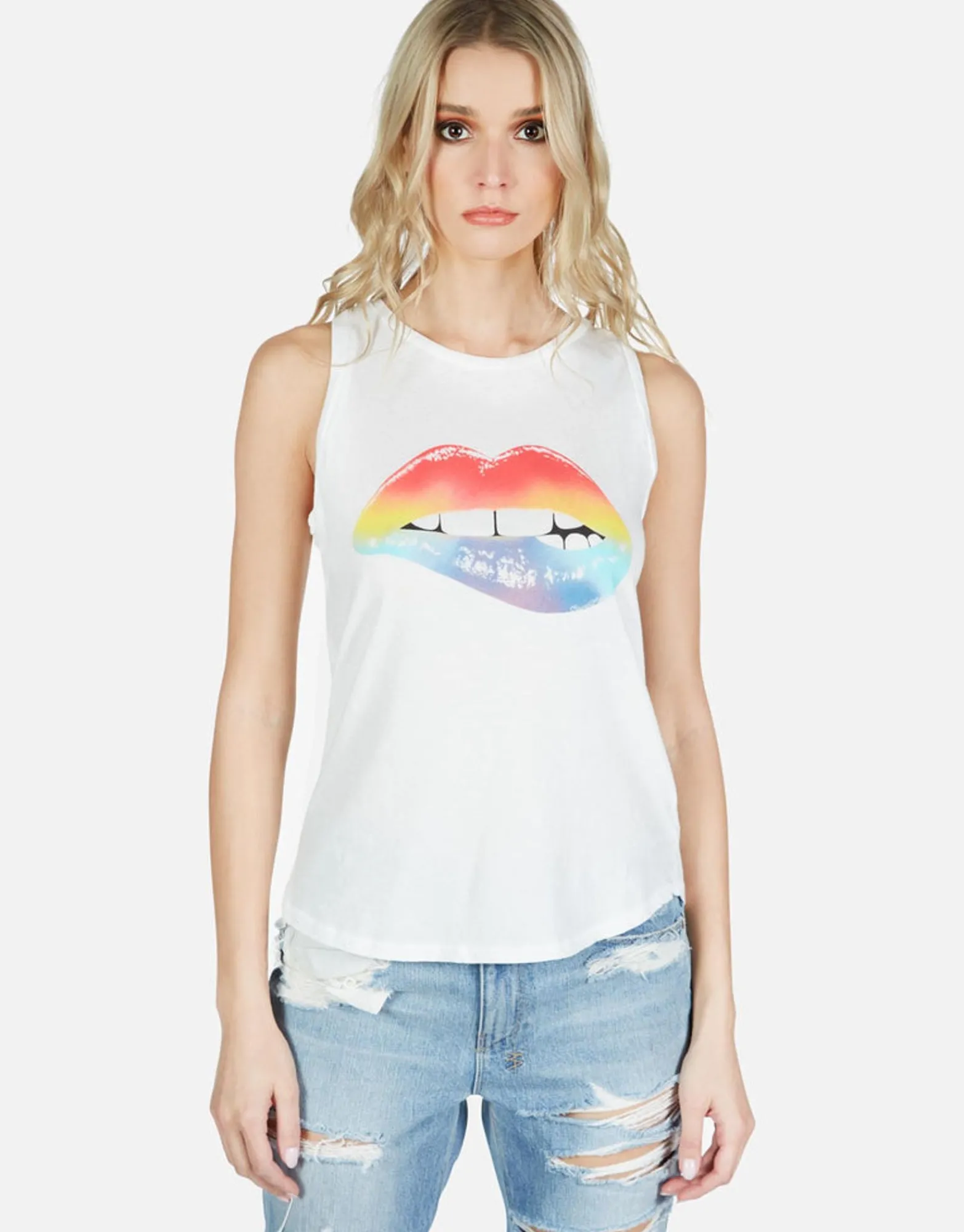 Discount Rainbow Biting Lip High Neck Tank | Peyton By Women Short Sleeve