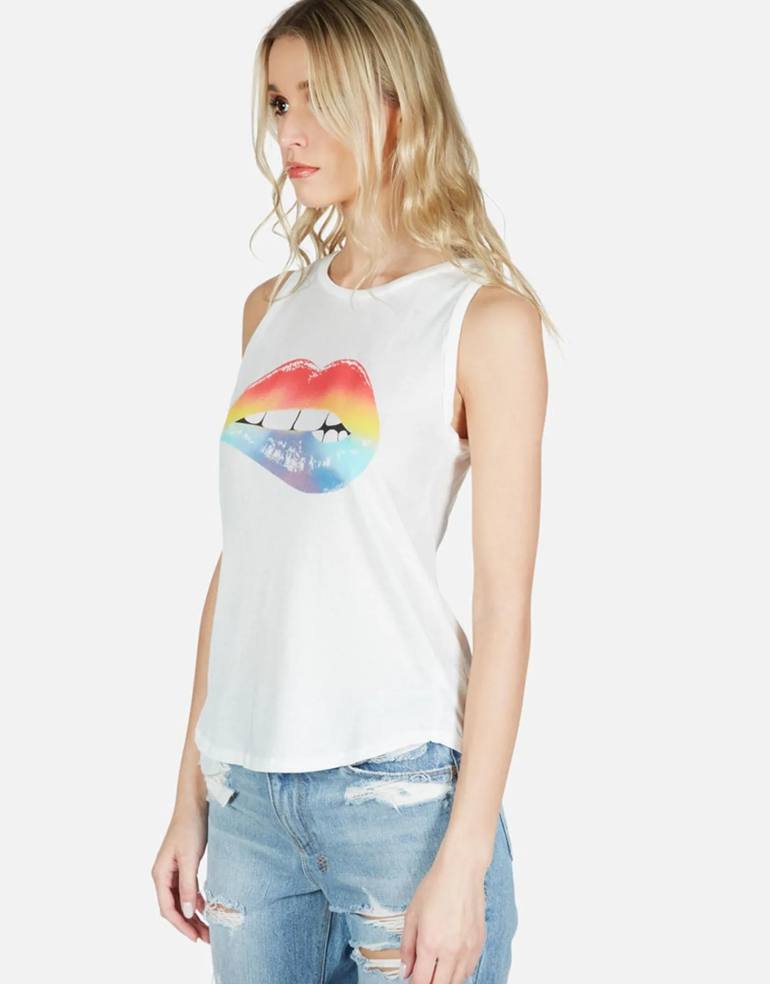 Discount Rainbow Biting Lip High Neck Tank | Peyton By Women Short Sleeve