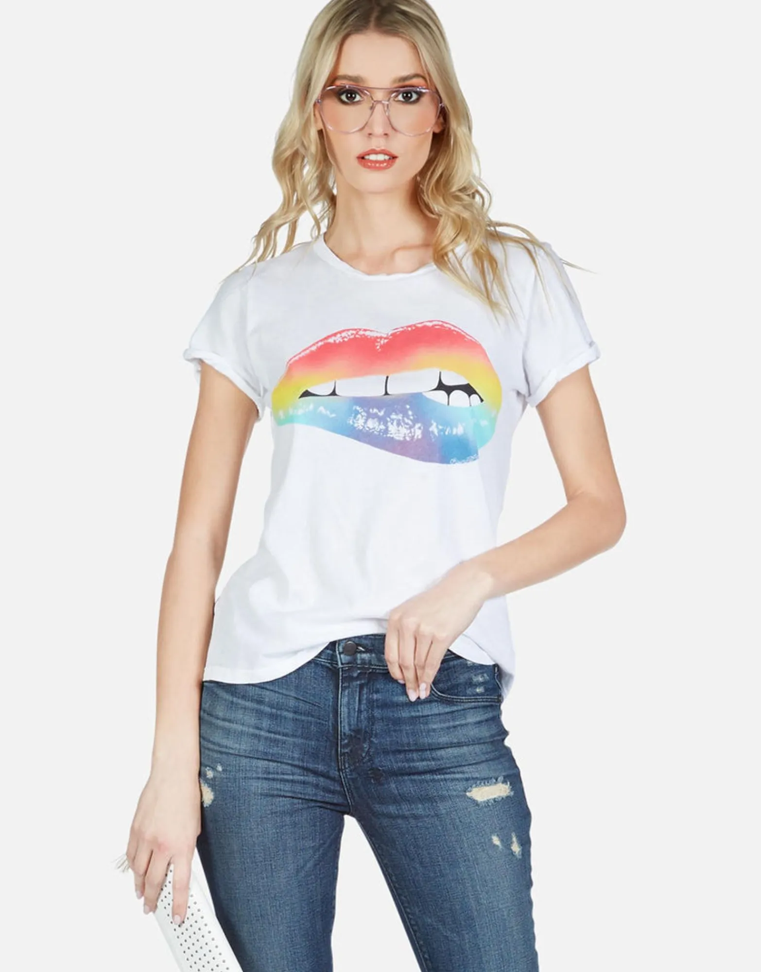 Best Sale Rainbow Biting Lip S/S Cut-Out Tee | Moxie By Women Short Sleeve