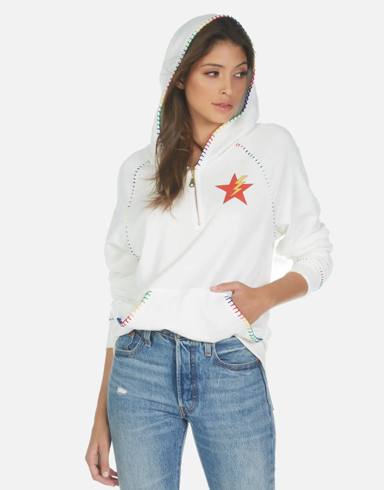 Cheap Rainbow Lightning Eye Half Zip Hoodie | Dezi By Women Hoodies
