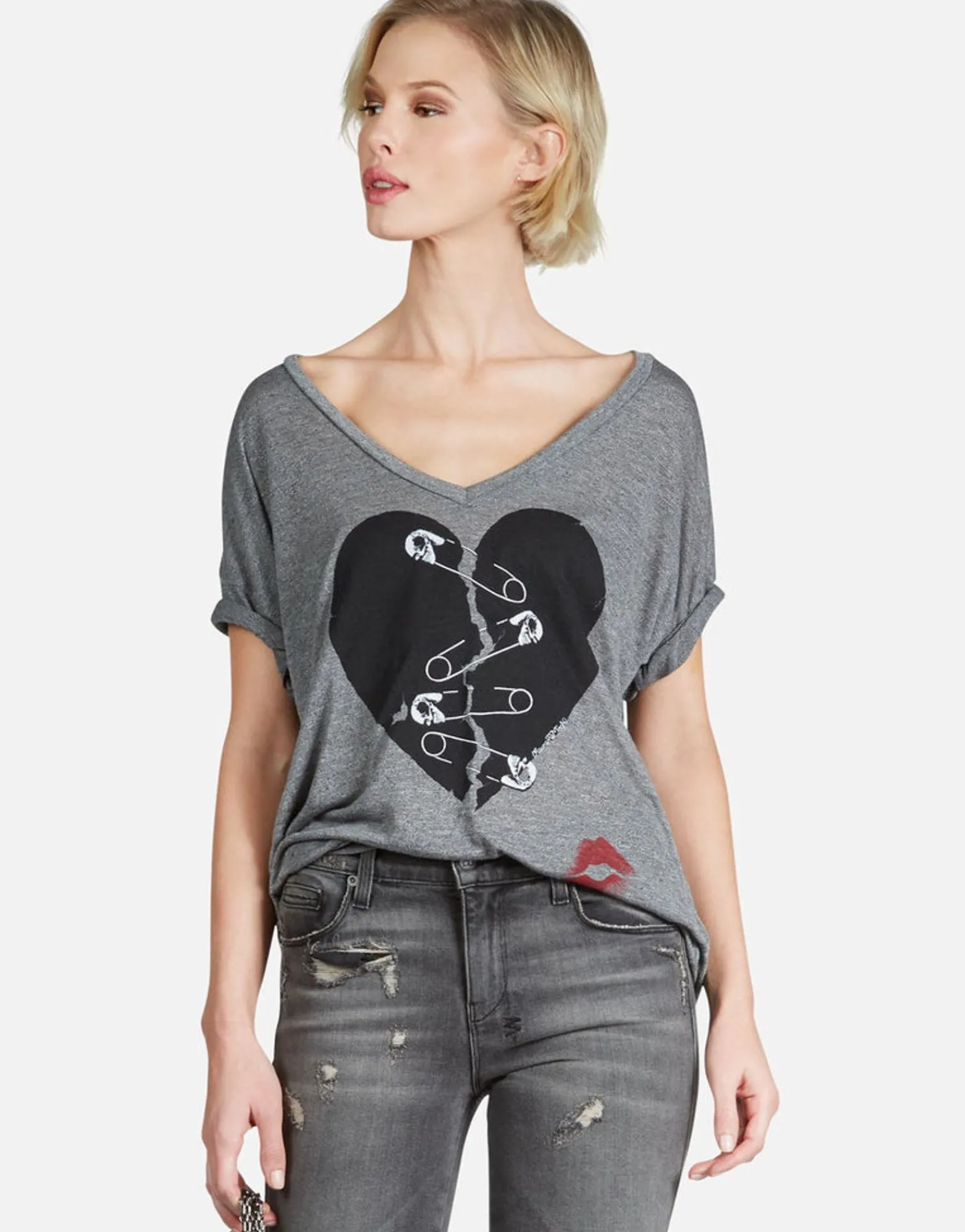 Best Sale Safety Pin Heart S/S V-Neck Tee | Brixton By Women Short Sleeve