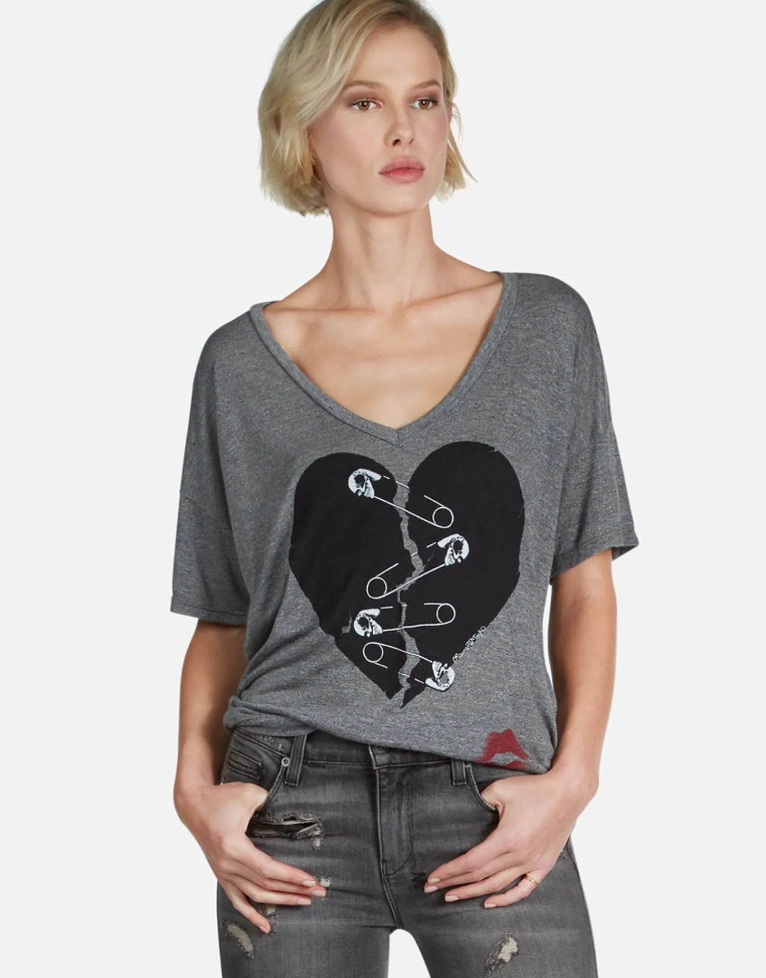Best Sale Safety Pin Heart S/S V-Neck Tee | Brixton By Women Short Sleeve