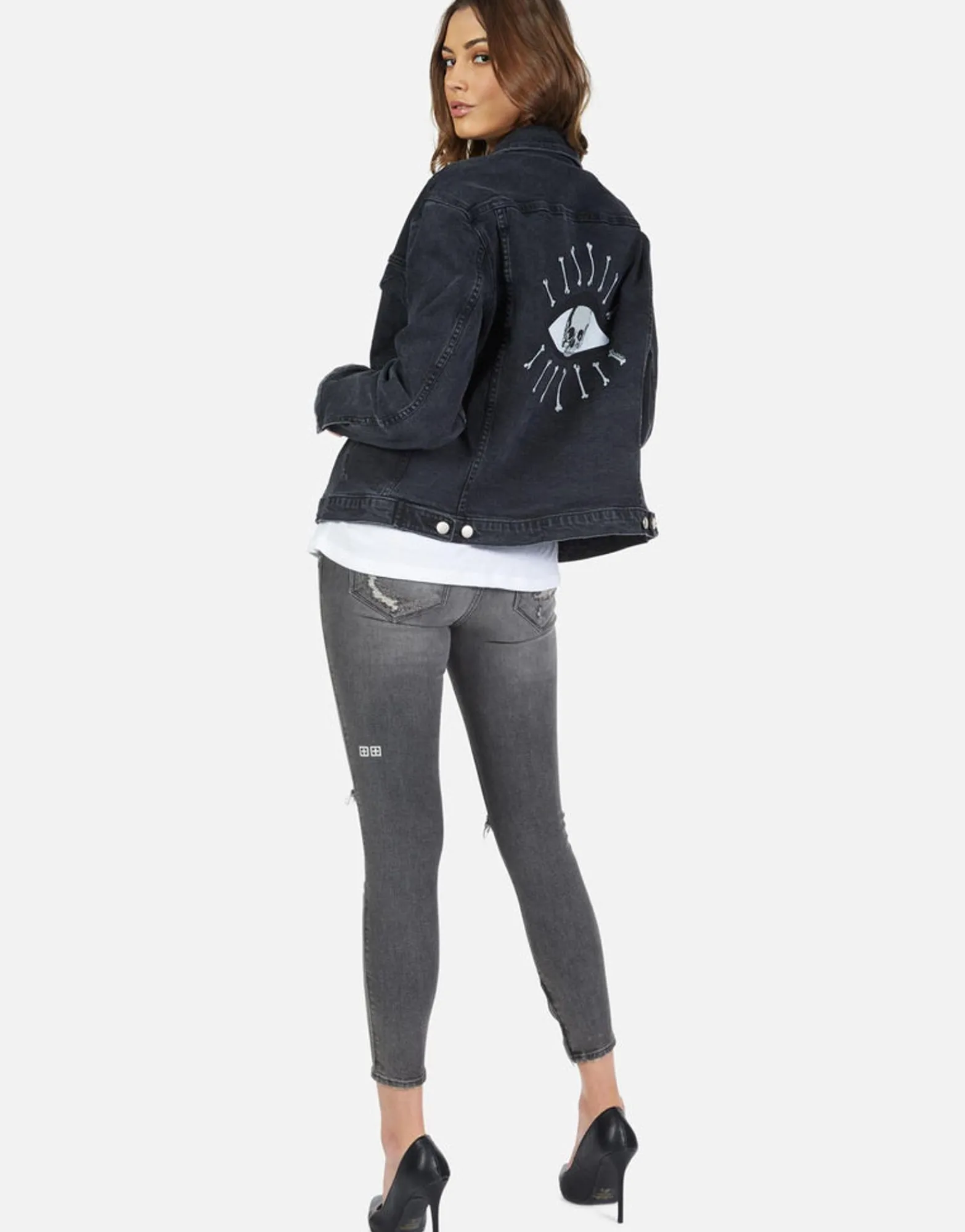 Store Skull Bone Eye Denim Boyfriend Jacket | Spencer By Women Jackets