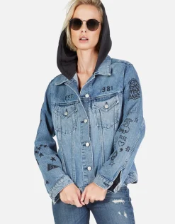 Clearance Varsity Panther Denim Boyfriend Jacket W/ Hood By Women Jackets