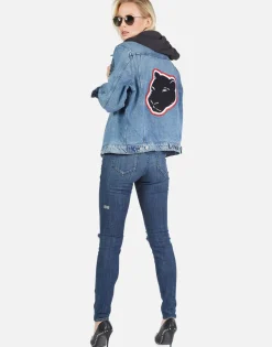 Clearance Varsity Panther Denim Boyfriend Jacket W/ Hood By Women Jackets