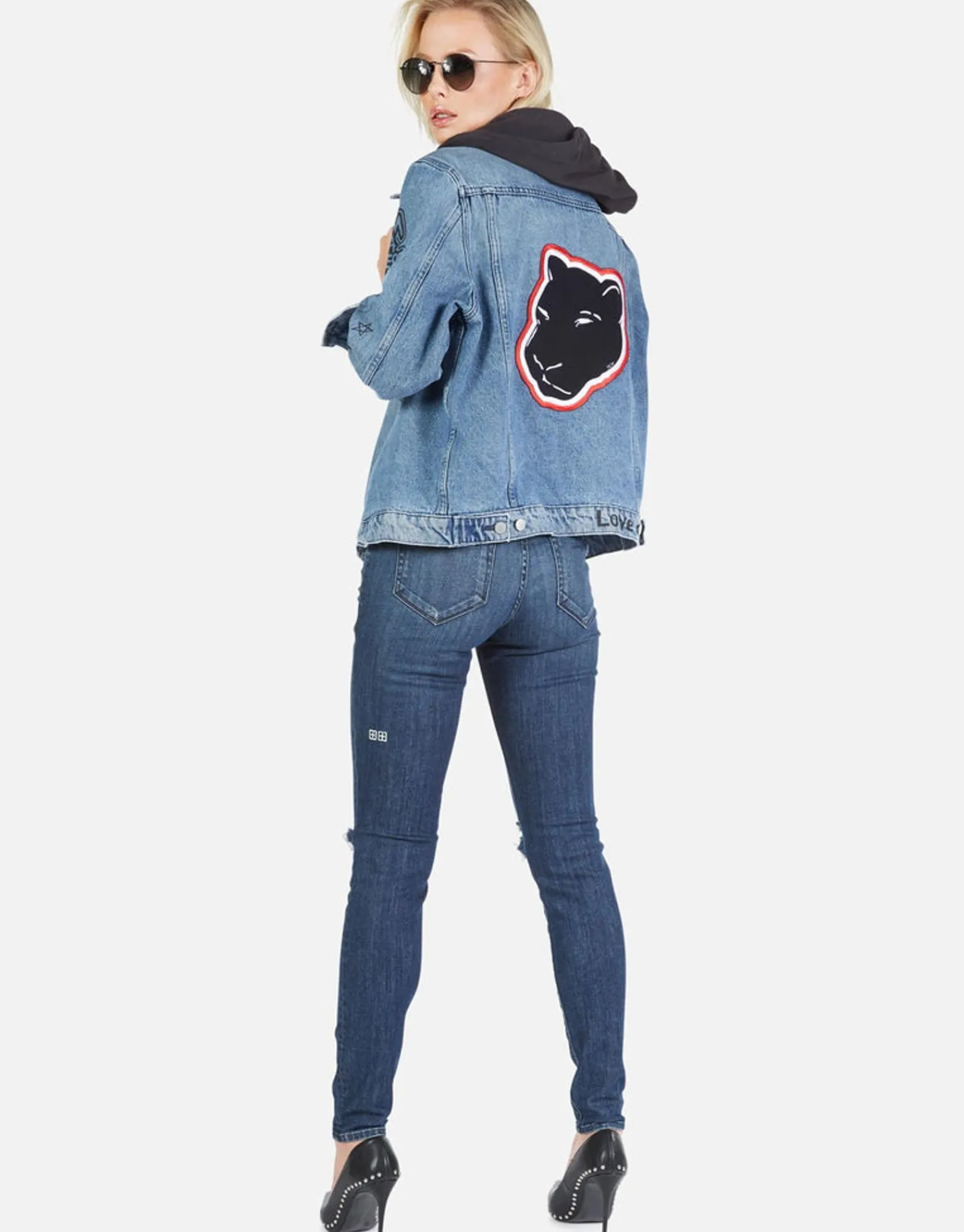 Clearance Varsity Panther Denim Boyfriend Jacket W/ Hood By Women Jackets