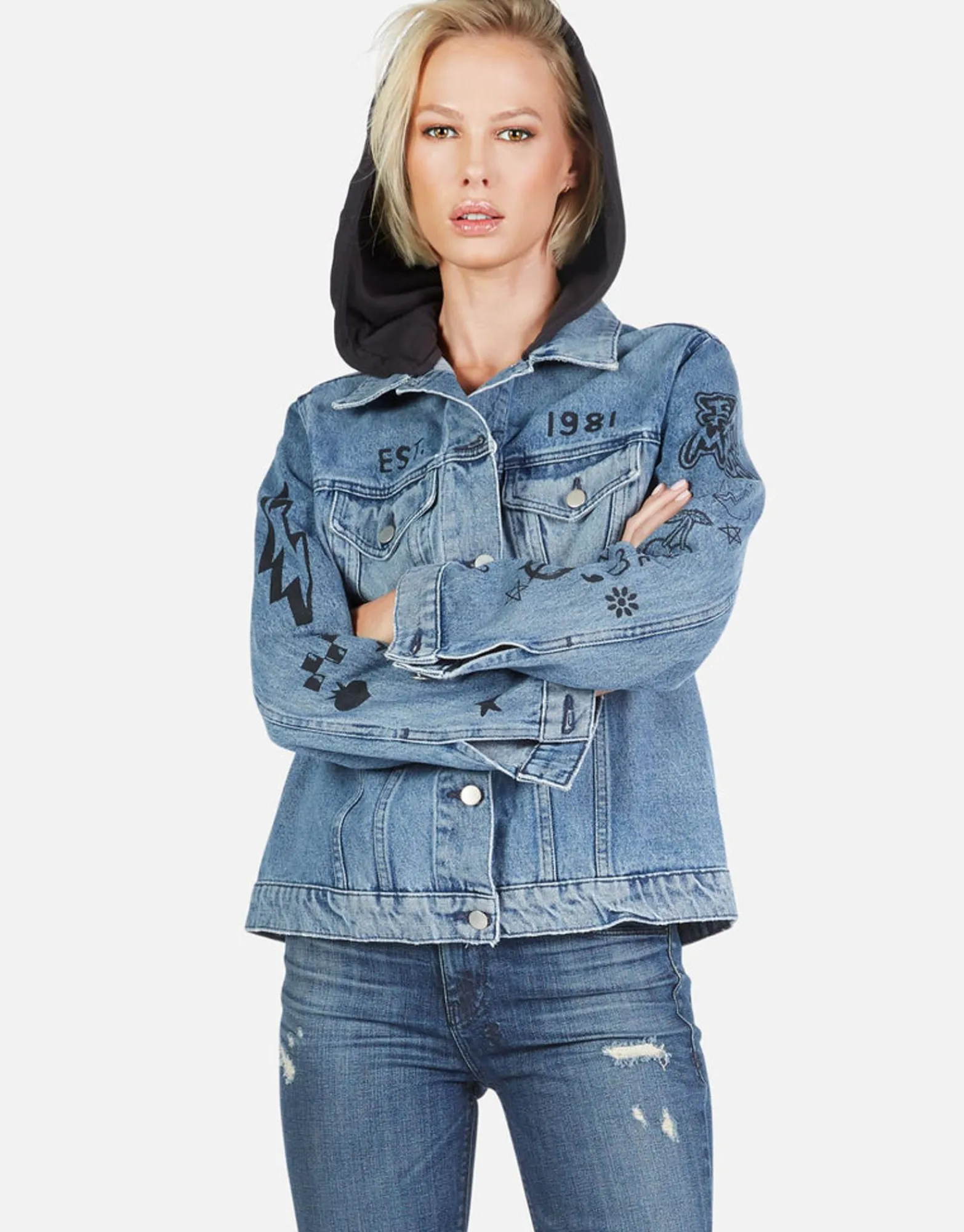 Clearance Varsity Panther Denim Boyfriend Jacket W/ Hood By Women Jackets