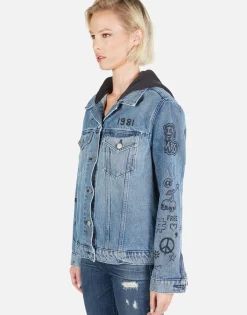 Clearance Varsity Panther Denim Boyfriend Jacket W/ Hood By Women Jackets