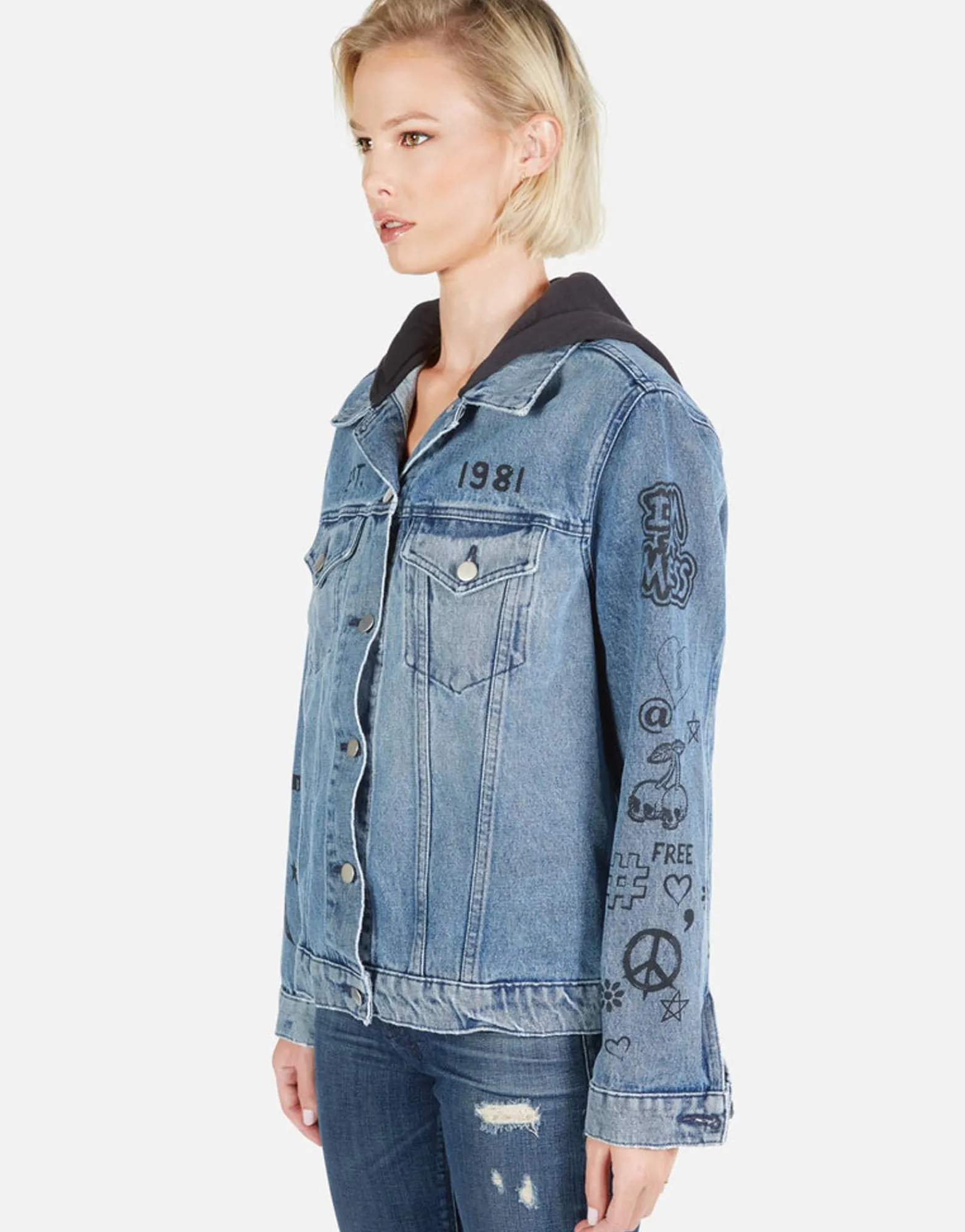 Clearance Varsity Panther Denim Boyfriend Jacket W/ Hood By Women Jackets