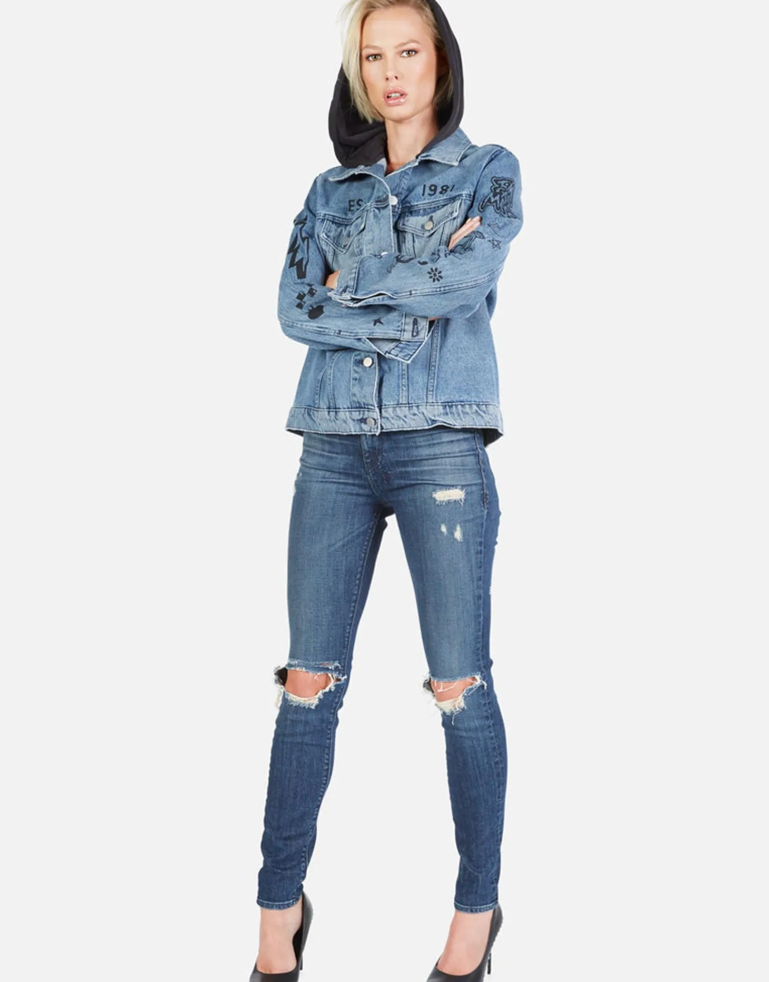 Clearance Varsity Panther Denim Boyfriend Jacket W/ Hood By Women Jackets