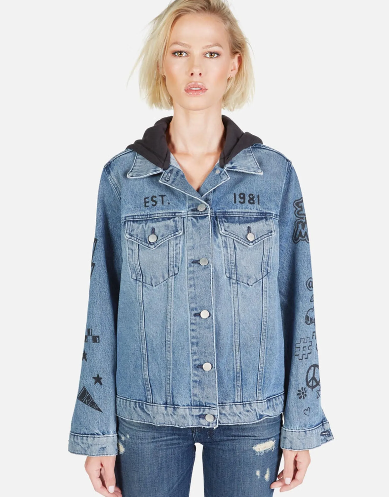 Clearance Varsity Panther Denim Boyfriend Jacket W/ Hood By Women Jackets
