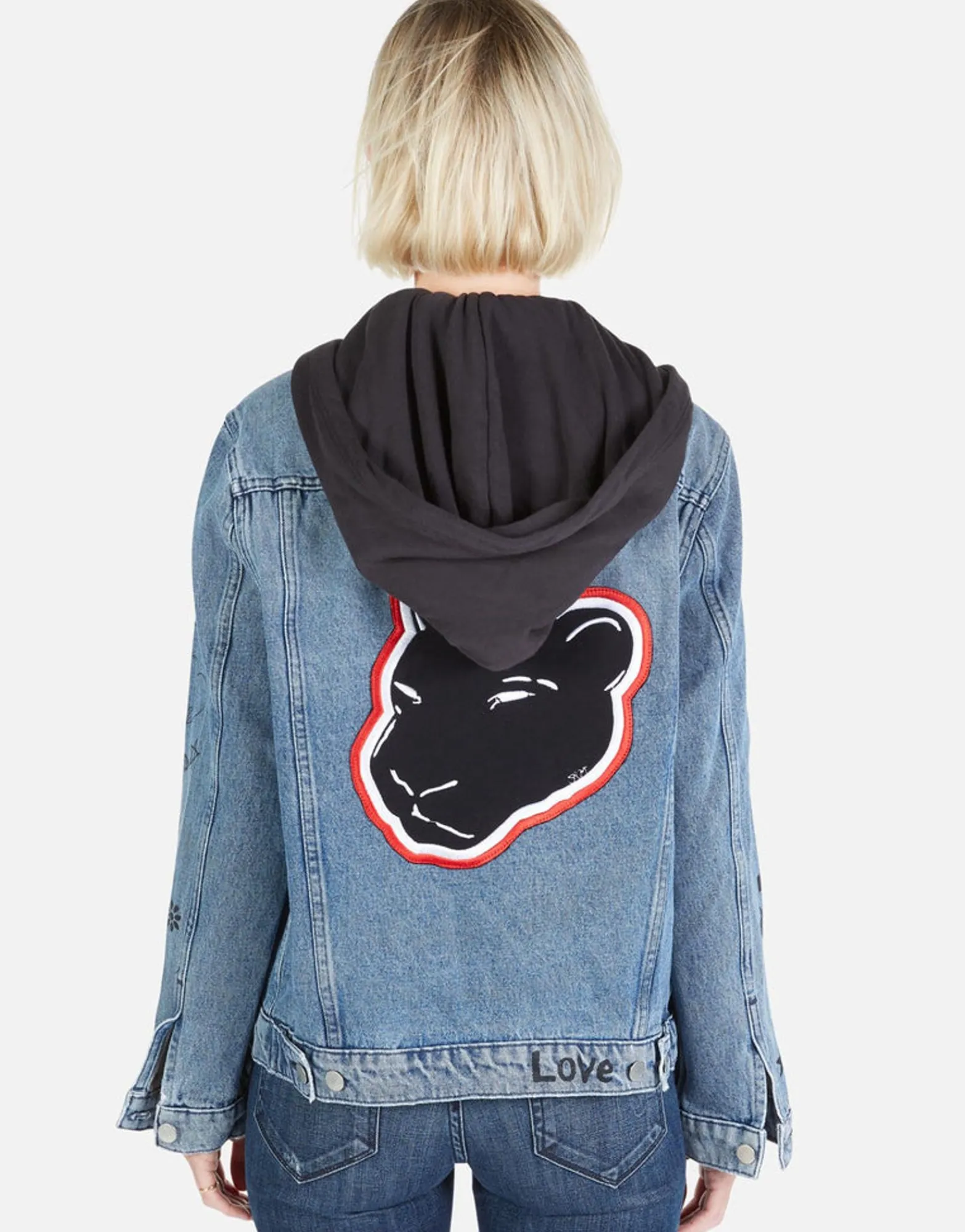 Clearance Varsity Panther Denim Boyfriend Jacket W/ Hood By Women Jackets